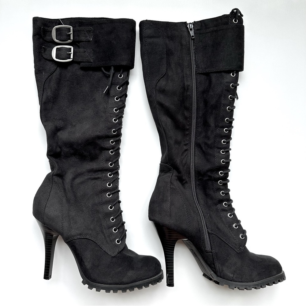 High Heel Knee High Black Lace Up Boots - Size 7 - UK Style French Connection